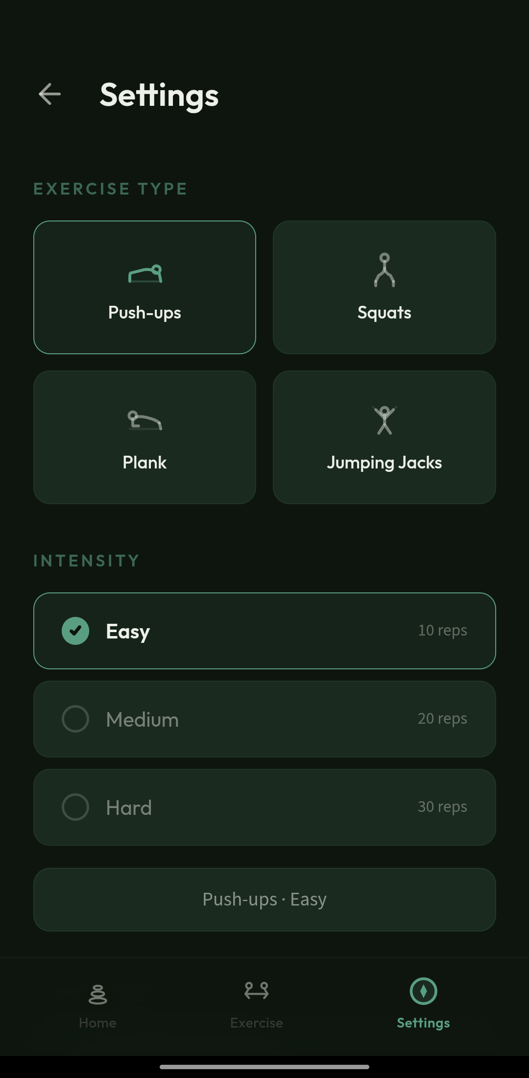 Cairn settings showing Push-ups, Squats, Plank and Jumping Jacks with easy, medium and hard intensity choices