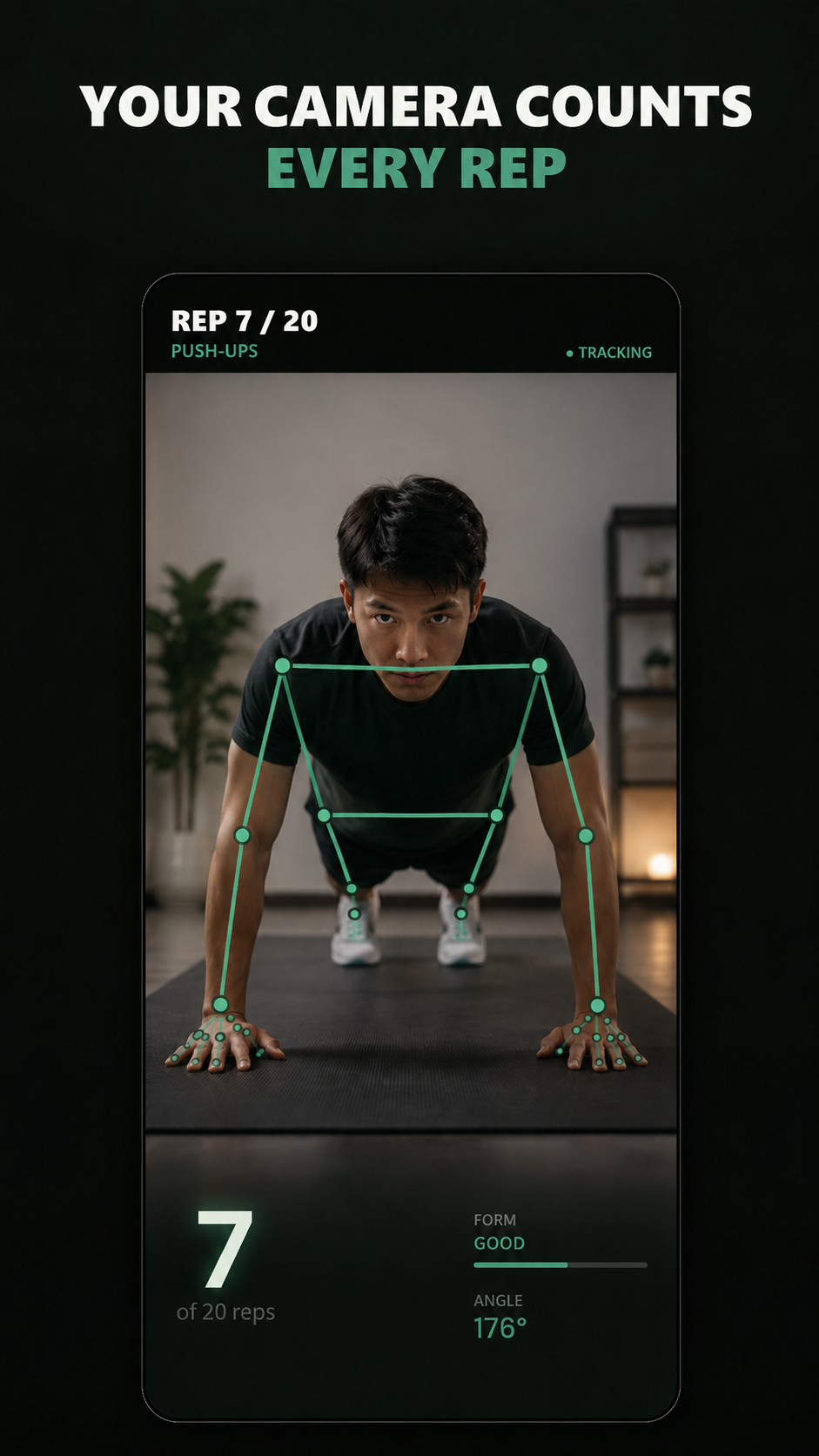 Real person doing push-ups with AI pose skeleton tracking overlay